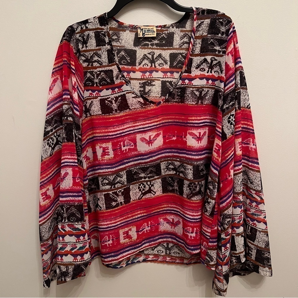 Show Me Your Mumu Boho Tribal Print Relaxed Sheer Tunic Top Bell Sleeves Size S